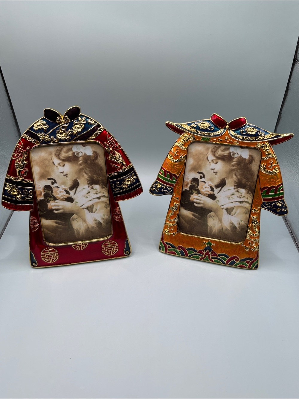 Enamel Emperor Empress Kimono Photo Frame Set - Red and Gold
